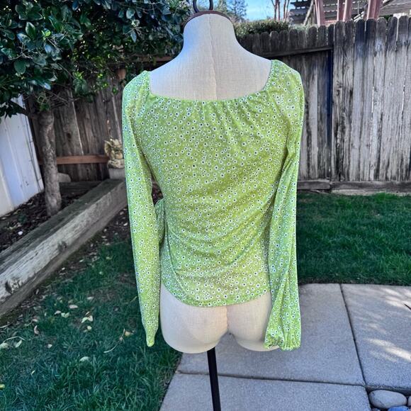 4si3nna Anthropologie Lime Green Floral Wrap Top Blouse Long Sleeve Size S - Picture 6 of 12